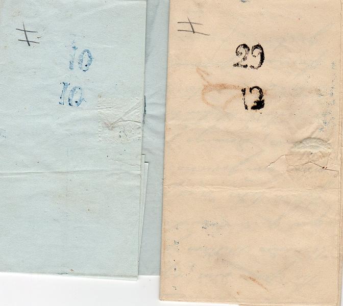 0336 v.jpg -     Lote:    336 (verso)                   Descrição:         Valença * Datador provisório. Lote de duas cartas: uma circulada do Porto (28.10.41) para Valença com o porte batido a azul de 25 reis + carta circulada de Viana do Minho (10.10.41) para Valença, com o porte de 20 reis batido a azul. Ambas com carimbo datador de chegada, provisório, indicando apenas o dia e mês, batidos a preto e azul respetivamente de 29/12 e 10/10. Raro.        Carta       Valor Base:     &euro; 30,00     Valor Venda:     &euro;      